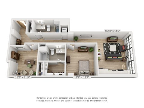 Floor plan for 1 bed, 1 bath, 1046 sqft